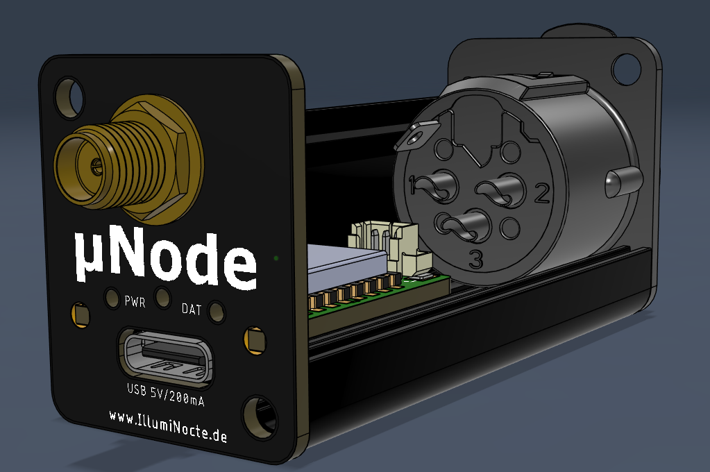 3D-Ansicht der kompakten µNode mit DMX- und WLAN-Funktion